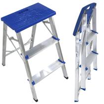Banqueta Escada 3 Degraus Aluminio Domestica Dobravel Reforçada Azul 120kg