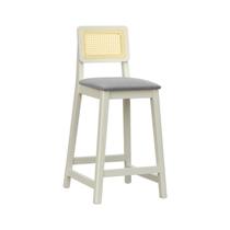 Banqueta Gabi com 68cm Altura Madeira Maciça Encosto Telinha Assento Estofado Linho Off White/Cinza