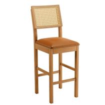 Banqueta Jade 03 Madeira Maciça JCM Encosto Rattan e Couro Caramelo