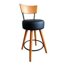 Banqueta Média Cozinha Estofada Preta Com Encosto Madeira Urban