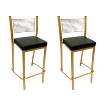 Banqueta Média para Balcão Empilhável Kit 2 unidades cor Dourado Fosco assento preto Altura 65cm