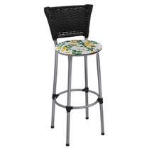 Banqueta Média Prata com Encosto Junco Preto Assento Floral Branco Banqueta Média Prata com Encosto Junco Preto Assento Floral Branco