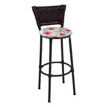Banqueta Média Preta com Encosto Junco Argila Assento Floral Vermelho Banqueta Média Preta com Encosto Junco Argila Assento Floral Vermelho