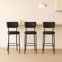 Banqueta Olivia Altura 65cm para Bar e Cozinha Preta com Assento Confortável Encosto Estofado Kit 3 Peças