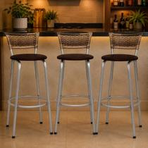 Banqueta Para Cozinha Americana Estrutura Prata Kit 3un Cadeira Balcão Bar Encosto Junco Cappuccino Itagold