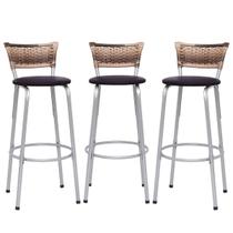 Banqueta Para Cozinha Americana Estrutura Prata Kit 3un Cadeira Balcão Bar Encosto Junco Cappuccino Itagold