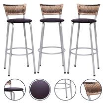 Banqueta Para Cozinha Americana Estrutura Prata Kit 3un Cadeira Balcão Bar Encosto Junco Cappuccino Itagold