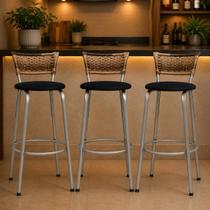 Banqueta Para Cozinha Americana Estrutura Prata Kit 3un Cadeira Balcão Bar Encosto Junco Cappuccino Itagold