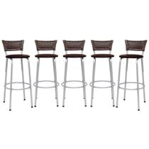 Banqueta Para Cozinha Americana Estrutura Prata Kit 5un Cadeira Balcão Bar Encosto Junco Argila 70cm Itagold