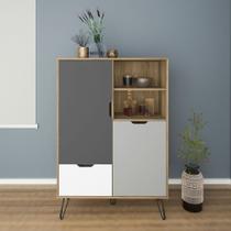 Bar com 2 Portas e 1 Gaveta, Pés de Metal, 6 Nichos para Garrafas, Buffet Adega Estocolmo Bege/Carvalho/Grafite Bar com 2 Portas e 1 Gaveta, Pés de Metal, 6 Nichos para Garrafas, Buffet Adega Estocolmo Bege/Carvalho/Grafite