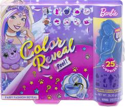 Barbie Color Reveal Peel Fairy Fashion Reveal Doll Set com 25 surpresas incluindo boneca azul descascada e pet &amp 16 bolsas misteriosas com roupas e acessórios para 2 looks inspirados em fadas
