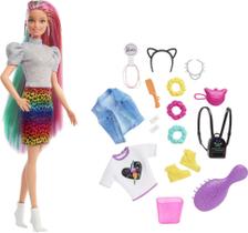 Barbie Doll Leopard Rainbow Hair com destaques que mudam de cor