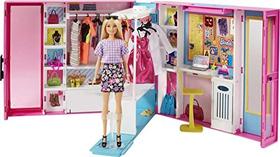 Barbie Dream Closet com Boneca Barbie Loira & 25+ Peças, Toy Closet Expande para 2+ ft Wide & Features 10+ Áreas de Armazenamento, Espelho de Comprimento Completo, Espaço de Mesa Personalizável e Rack de Roupas Rotativas