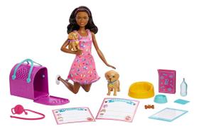 Barbie E Acessórios Adoção De Pets Morena Vestido Rosa Sj