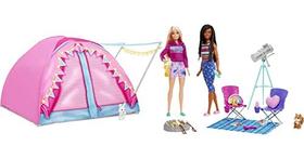Barbie leva dois playset de camping com tenda, 2 bonecas e 20 peças incluindo animais, telescópio & acessórios, brinquedo para crianças de 3 anos e up