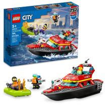 Barco de resgate de incêndio de brinquedo LEGO City 60373 com jetpack e 3 minifiguras