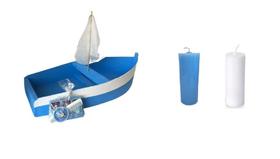 Barco Iemanjá 30 Cm De Madeira + Velas ul E Branca + Kit