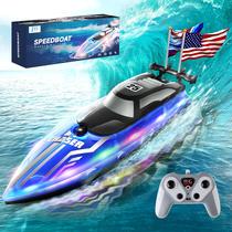 Barco RC JOI MEW MEW RC Boat com luzes LED e bandeira dos EUA para crianças
