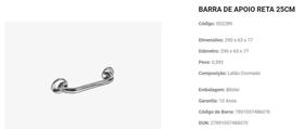 Barra Apoio P/ban Std 25cm Reta 2289 Jackwal Barra Apoio P/ban Std 25cm Reta 2289 Jackwal