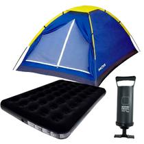 Barraca 2 Pessoas Iglu + Colchão Inflável Casal Preto Suporta 300kg + Bomba de Ar Pequena Manual