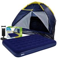 Barraca Camping 2 Pessoas Azul e Colchão de Ar Casal + Bomba de Ar Kit Acampamento Completo