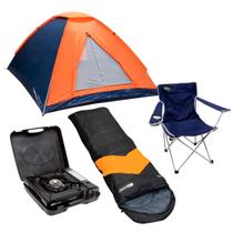 Barraca Camping NTK 3 pessoas Coluna d'água 600mm + Saco de Dormir Laranja/Preto + Cadeira Alvorada Azul + Fogareiro