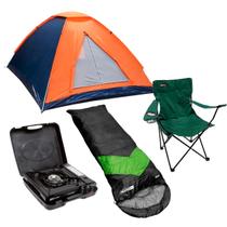 Barraca Camping NTK 3 pessoas Coluna d'água 600mm + Saco de Dormir Verde/Preto + Cadeira Alvorada Verde + Fogareiro