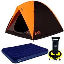 Barraca Camping Para 6 Pessoas BEL + Colchão de Casal Inflável Azul + Bomba Manual Double Quick p/ Inflar BEL