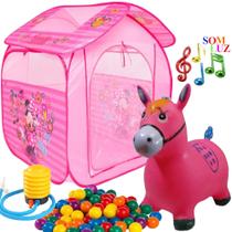 Barraca Com Bolinhas Infantil Dobrável Minnie Toca Toquinha Casinha Cabana Menina Criança Rosa Cavalinho Musical Pula Pula Bomba