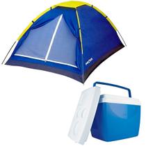 Barraca de Camping Tipo Iglu Azul para 2 Pessoas + Caixa Térmica 34L 50 latas Azul com Alça - Mor
