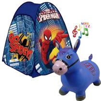 Barraca Infantil Homem Aranha Dobrável Menino Azul Toca Toquinha Casinha 1502 e Cavalinho Musical Pula Pula Upa