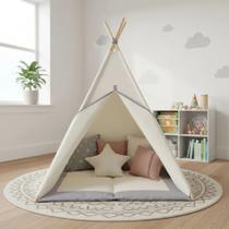 Barraca tenda cabana infantil+tapete acolchoado com detalhes em cinza 135x90x90cm