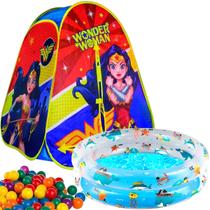 Barraca Toca Infantil Toquinha Criança Menina Mulher Maravilha Dobrável Com Bolinhas Piscina Banheira Inflável 90 Litros