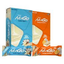 Barras de proteína NuGo Original, iogurte de baunilha e smoothie de laranja
