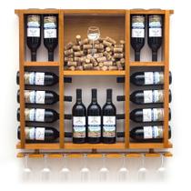 Barzinho de Parede Adega de Madeira Maciça para 15 Garrafas com Porta Rolhas e Taças - Cerejeira