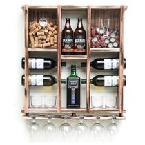 Barzinho de Parede Adega de Madeira para 7 Garrafas com Porta Rolhas Tampinhas e Taças cor Rustica