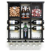 Barzinho de Parede Adega de Madeira para 7 Garrafas com Porta Rolhas, Tampinhas e Taças - Nogueira