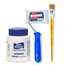 Base Acrílica para Artesanato Branca 250ml Acrilex + Rolo de Pintura 5cm e Pincel Chato Tigre Kit Pintura em Madeira MDF