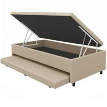 Base Baú Solteiro com Auxiliar Suede 43x188x88 Universal Blindado Cor Bege Base Baú Solteiro com Auxiliar Suede 43x188x88 Universal Blindado Cor Bege