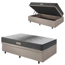 Base Box Baú 88x188 Linho Bege com Colchão Dual Firm Espuma Ecoflex