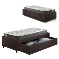 Base Box Cama Solteirão Sapateira material sintético Linho Marrom e Colchão Adapto Ecoflex 96x203