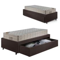 Base Box Cama Solteirão Sapateira material sintético Linho Marrom e Colchão Airtech Ortobom 96x203