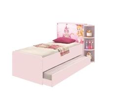 Base Cama Baú Solteiro Princesas Rosa Bicama Multiuso com Base Auxiliar e 03 Prateleiras - 88x188