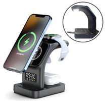 Base Carregador por Indução Magnético Rápido Sem Fio 5 Em 1 com Relógio com Luz Noturna Base Carregador por Indução Magnético Rápido Sem Fio 5 Em 1 com Relógio com Luz Noturna