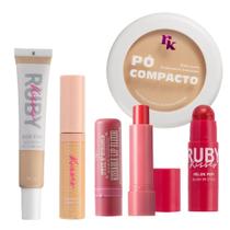 Base +Corretivo +Pó Compacto Nude+Blush Rosa Protetor Labial