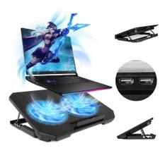 Base Refrigerada para Notebook 12" a 17" com 2 Coolers, 8 Níveis de Altura, Iluminação LED Azul