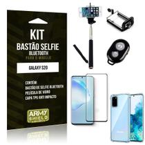 Bastão de Selfie Bluetooth Galaxy S20 + Capinha Anti Impacto +Película Vidro 3D - Armyshield