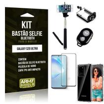 Bastão de Selfie Bluetooth Galaxy S20 Ultra+ Capinha Anti Impacto +Película Vidro 3D - Armyshield