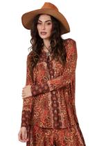 Bata Ampla Com Botões Terracota Estampa Cashmere Yacamim B7