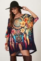 Bata Ampla Preto Estampa Filtro Dos Sonhos Com Pedrinhas Yacamim B26